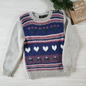 Vintage Hearts Flowers Pattern Chunky Sweater